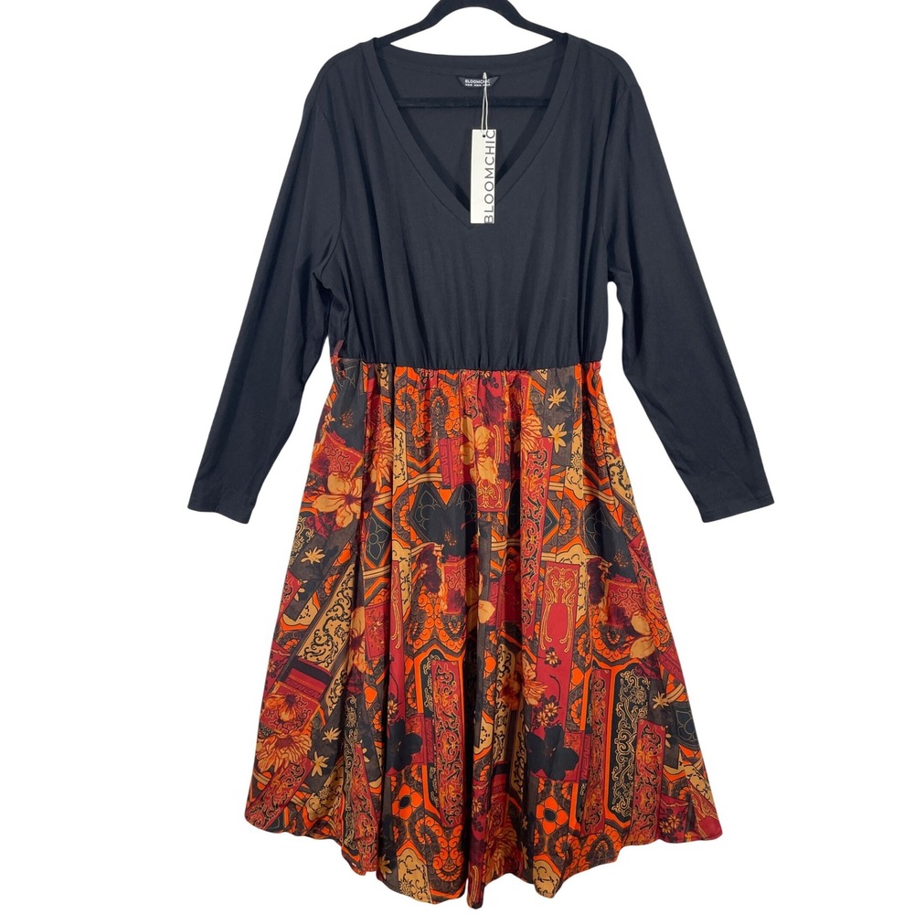 BLOOMCHIC Women‎ Dress Size 18-20 Black Long Sleeve V Neck Midi Abstract Print